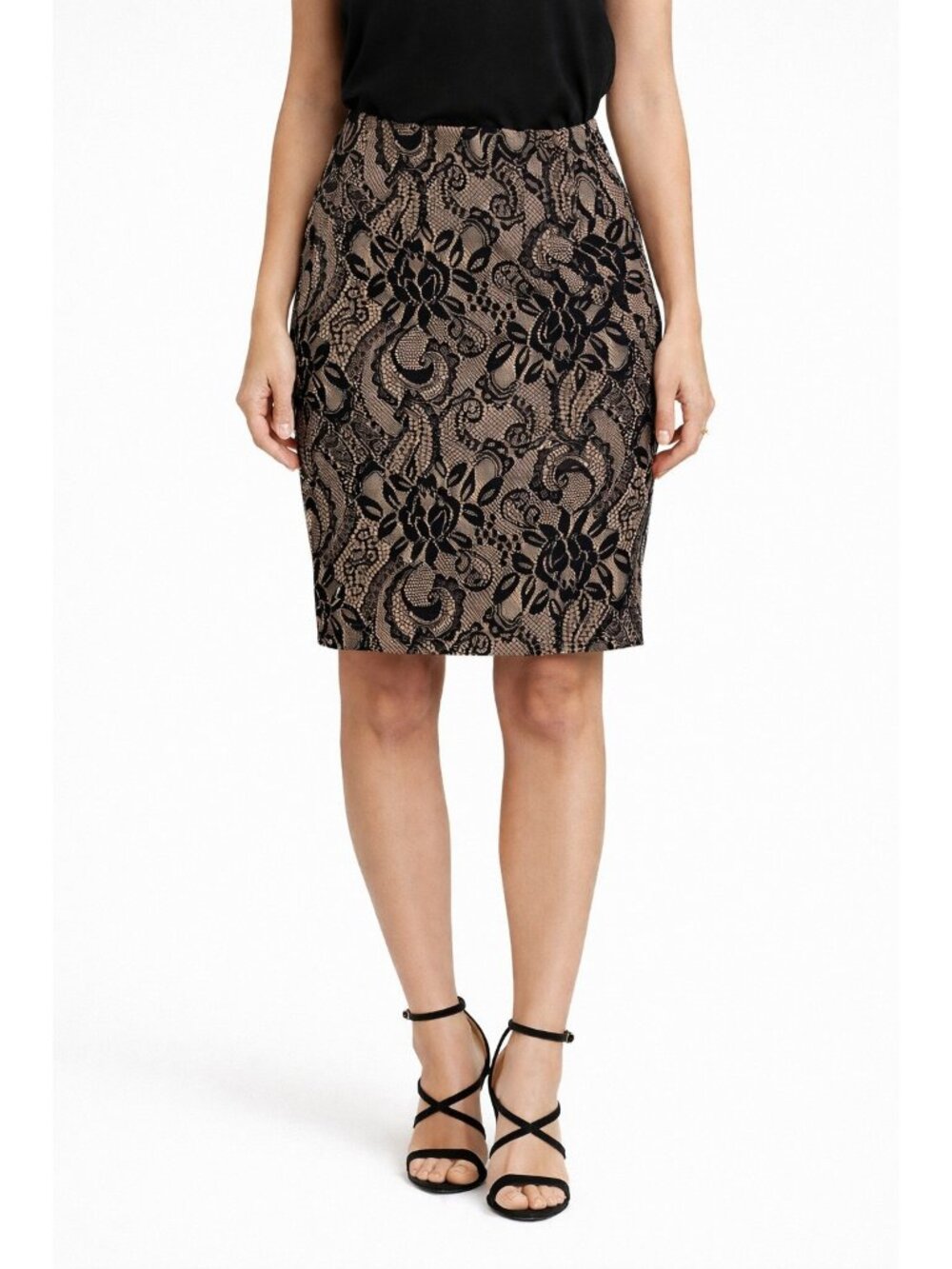 Ann Taylor Black Lace Pencil Skirt Nude Lining Above Knee Size 0 Chic